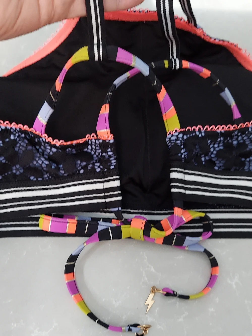 Victorias Secret Crop Top, Size L, Bikini, Black Lace, Colorful Accents